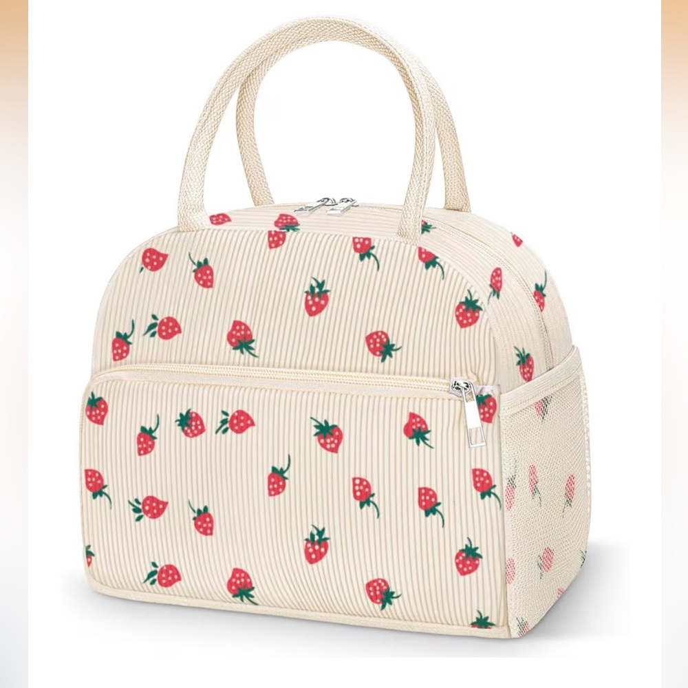 🆕Strawberry Lunch Tote Bags Insulated Reusable ..Corduroy Lunch Bag Lunch Box